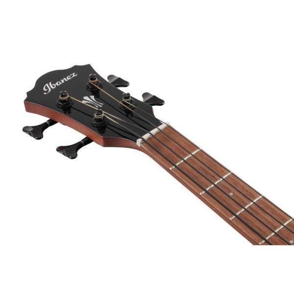 Glava akustične bas gitare Ibanez AEGB25E-TKH sa jasno vidljivim Ibanez logoom i hromiranim čivijama.