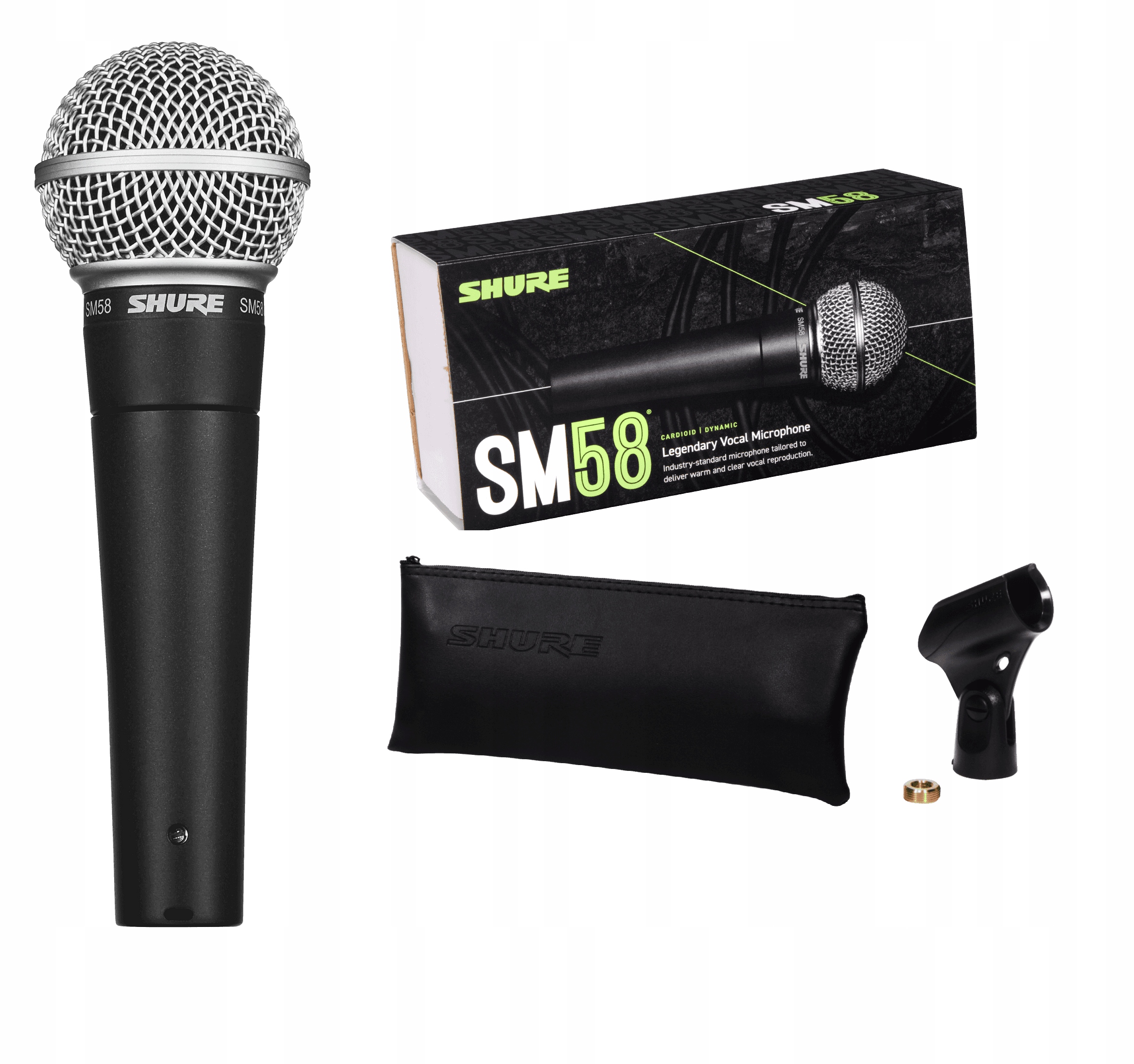 Shure SM58-LCE dinamički mikrofon sa originalnom kožnom torbicom, lulicom za stalak i pratećom opremom.