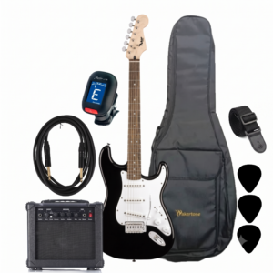 Električna gitara set sa pojačalom, torbom, štimerom, kablom, trzalicama i kaišem - crna