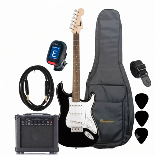 Električna gitara set sa pojačalom, torbom, štimerom, kablom, trzalicama i kaišem - crna