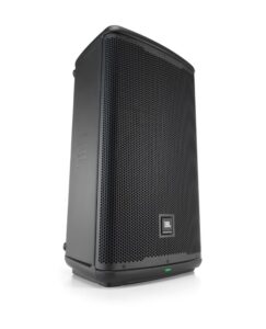 JBL EON712 profesionalni aktivni dvosmerni zvučnik crne boje sa zaštitnom metalnom mrežom i LCD ekranom na zadnjoj strani