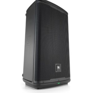 JBL EON712 profesionalni aktivni dvosmerni zvučnik crne boje sa zaštitnom metalnom mrežom i LCD ekranom na zadnjoj strani
