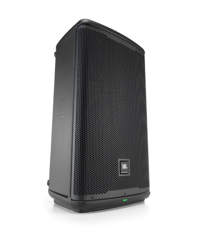 JBL EON712 profesionalni aktivni dvosmerni zvučnik crne boje sa zaštitnom metalnom mrežom i LCD ekranom na zadnjoj strani