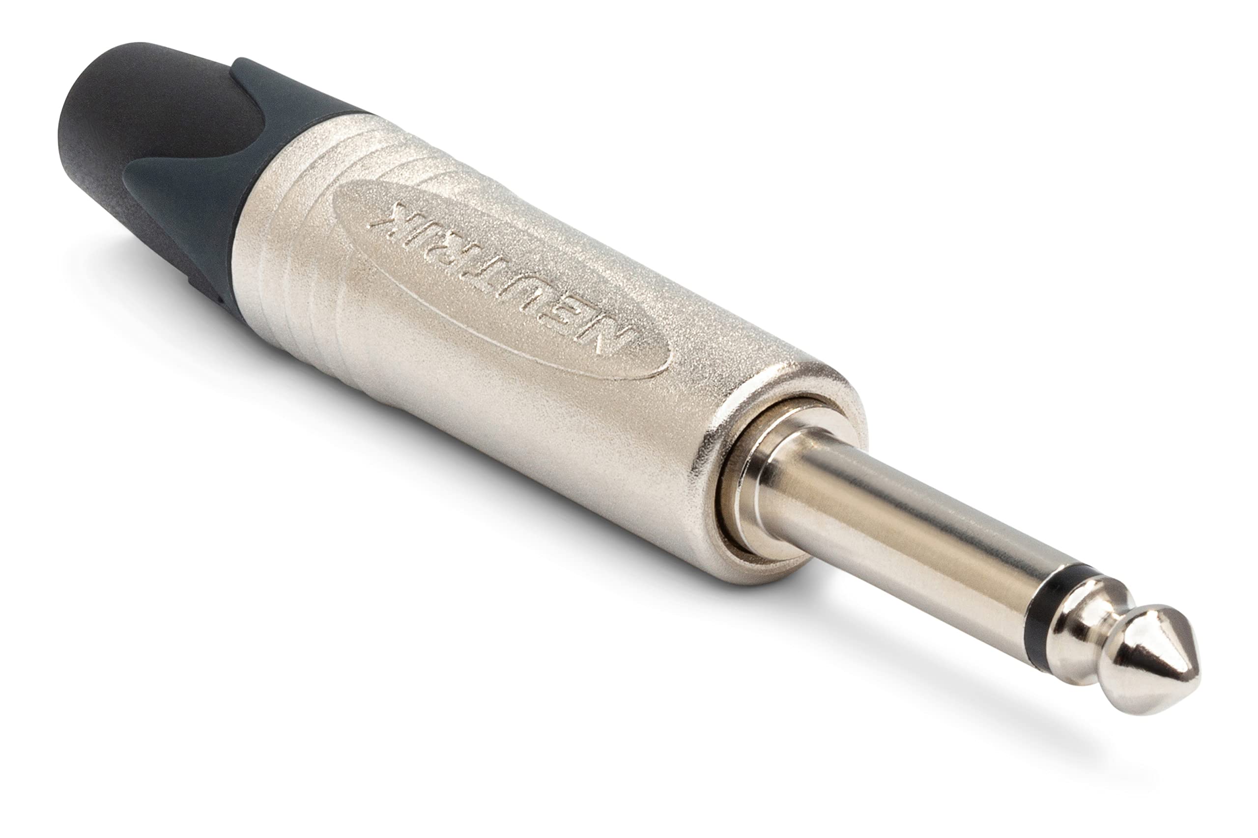 Neutrik NP2X profesionalni pravi mono 6.3 mm džek konektor sa metalnim niklovanim kućištem i crnom gumenom uvodnicom