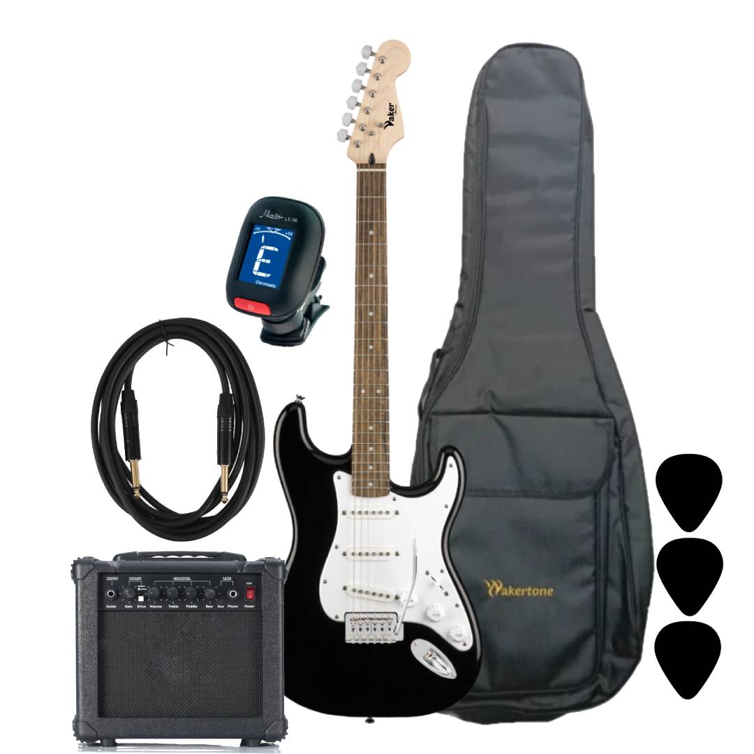 Vaker VST-14-BK komplet paket koji sadrži crnu električnu gitaru, kombo pojačalo VG15 od 15W, crnu futrolu, Rowin štimer, instrumentalni kabl, kaiš i trzalice