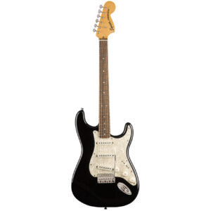 Squier by Fender Classic Vibe '70s Stratocaster LRL električna gitara u sjajnoj crnoj boji sa prstohvatom od indijskog lovora, velikom glavom i crnom maskom