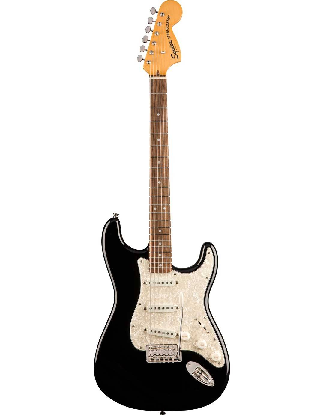 Squier by Fender Classic Vibe '70s Stratocaster LRL električna gitara u crnoj boji sa crnom zaštitnom pločom, velikom glavom vrata i tri singl-cojl magneta