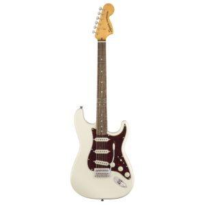 Squier by Fender Classic Vibe '70s Stratocaster LRL električna gitara u beloj Olympic White boji sa prstohvatom od indijskog lovora, velikom glavom i crnom maskom
