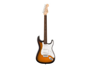 Squier by Fender Debut Stratocaster HT HSS električna gitara u 2-Tone Sunburst finišu sa fiksnim hardtail mostom, belom okidnom pločom i laurel prstohvatom
