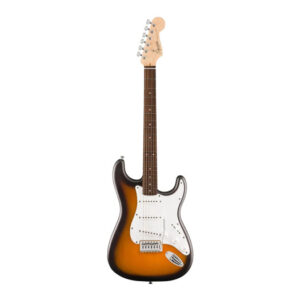 Squier by Fender Debut Stratocaster HT HSS električna gitara u 2-Tone Sunburst finišu sa fiksnim hardtail mostom, belom okidnom pločom i laurel prstohvatom
