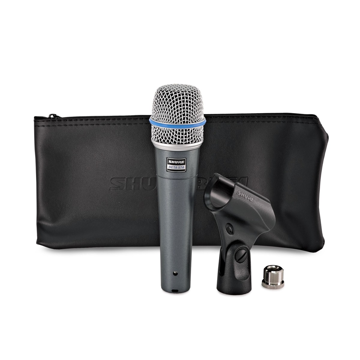 Shure Beta 57A profesionalni instrumentni dinamički mikrofon plavo-sive boje sa sferičnom mrežicom ravnog vrha i plavim gumenim prstenom