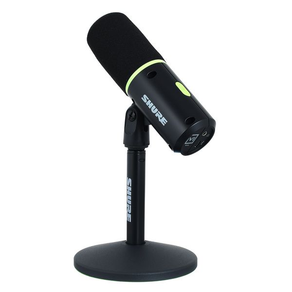Shure MV6 profesionalni USB-C vokalni dinamički mikrofon crne boje sa okruglom metalnom mrežicom i originalnim stonim stalkom