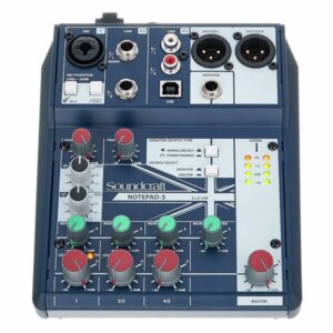 Soundcraft Notepad-5 kompaktni analogni mikser sa USB interfejsom u plavo-sivom kućištu sa rotacionim potenciometrima