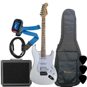 Wakertone VK77-WH električni gitarski paket sa belom gitarom, Vaker VG60 pojačalom od 60W, Rowin štimerom, vodootpornom torbom, kaišem i kablom