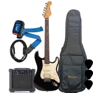 WAKERTONE VK15-BK 15 komplet paket koji sadrži crnu električnu gitaru, kombo pojačalo Vaker VG15 od 15W, crnu futrolu WEB-BK-08, Rowin štimer, Wakertone kaiš sa kožnim krajevima, gitarski kabl od 3m i tri trzalice