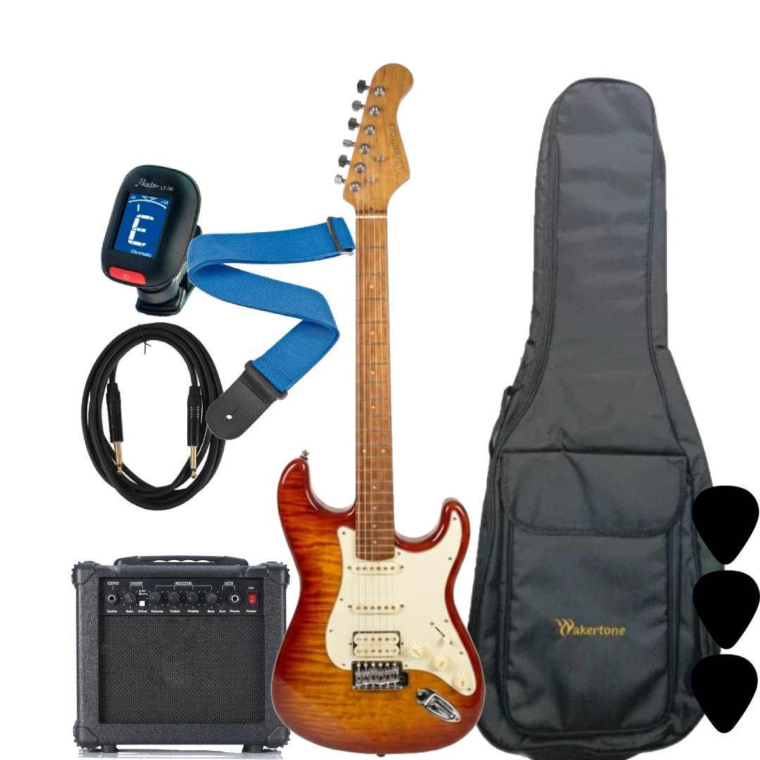 WAKERTONE VK15-HB 15 komplet paket koji sadrži sunburst trobojnu električnu gitaru, kombo pojačalo Vaker VG15 od 15W, crnu futrolu WEB-BK-08, Rowin štimer, Wakertone kaiš sa kožnim krajevima, gitarski kabl od 3m i tri trzalice