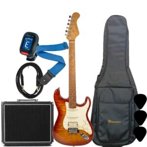 WAKERTONE VK15-HB 60 binski komplet paket koji sadrži sunburst električnu gitaru, masivno kombo pojačalo Vaker VG60 od 60W sa efektima, crnu futrolu WEB-BK-08, Rowin štimer, Wakertone kaiš sa kožnim krajevima, gitarski kabl od 3m i tri trzalice