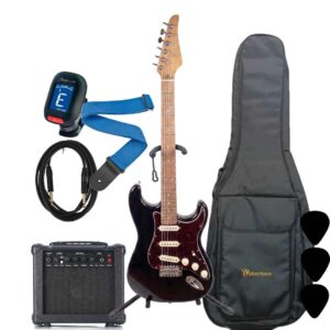 WAKERTONE VK62-BK 15 komplet paket koji sadrži crnu električnu gitaru Stratocaster oblika, kombo pojačalo Vaker VG15 od 15W, crnu futrolu WEB-BK-08, Rowin štimer, Wakertone kaiš sa kožnim krajevima, gitarski kabl od 3m i tri trzalice