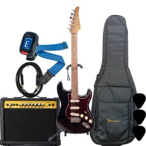 WAKERTONE VK62-BK 40 binski komplet paket koji sadrži crnu električnu gitaru Stratocaster oblika, moćno kombo pojačalo Vaker VG40 od 40W sa efektima, crnu futrolu WEB-BK-08, Rowin štimer, Wakertone kaiš sa kožnim krajevima, gitarski kabl od 3m i tri trzalice