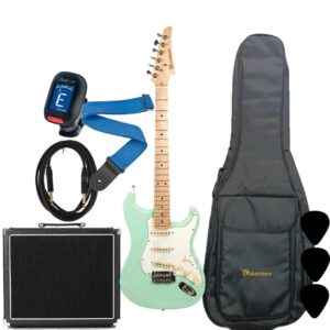WAKERTONE VK62-LG 60 binski komplet paket koji sadrži svetlo zelenu mint električnu gitaru Stratocaster oblika, masivno kombo pojačalo Vaker VG60 od 60W sa efektima, crnu futrolu WEB-BK-08, Rowin štimer, Wakertone kaiš sa kožnim krajevima, gitarski kabl od 3m i tri trzalice