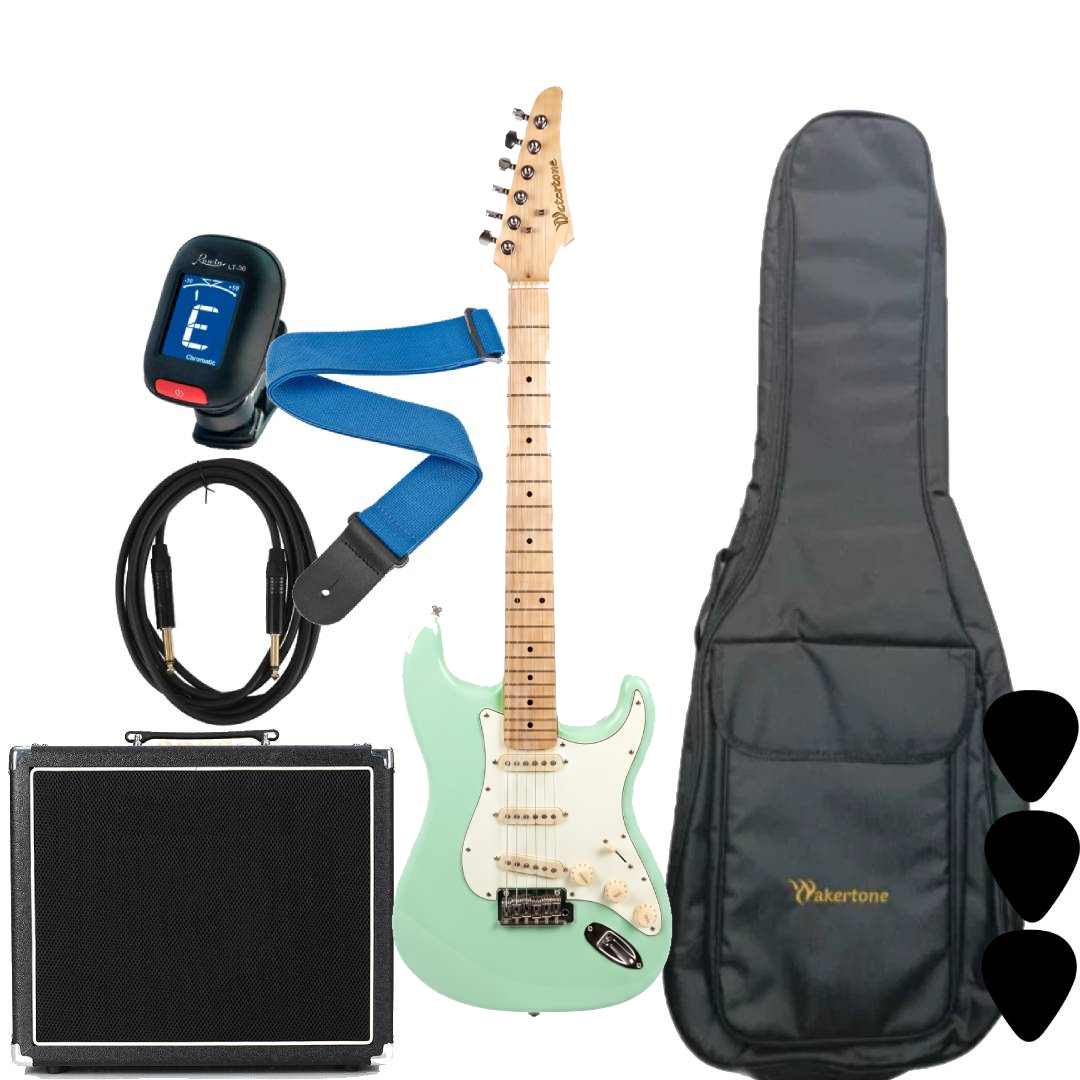 WAKERTONE VK62-LG 60 binski komplet paket koji sadrži svetlo zelenu mint električnu gitaru Stratocaster oblika, masivno kombo pojačalo Vaker VG60 od 60W sa efektima, crnu futrolu WEB-BK-08, Rowin štimer, Wakertone kaiš sa kožnim krajevima, gitarski kabl od 3m i tri trzalice