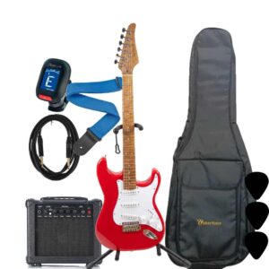 WAKERTONE VK62-RD 15 komplet paket koji sadrži crvenu električnu gitaru Stratocaster oblika, kombo pojačalo Vaker VG15 od 15W, crnu futrolu WEB-BK-08, Rowin štimer, Wakertone kaiš sa kožnim krajevima, gitarski kabl od 3m i tri trzalice