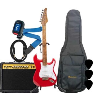 WAKERTONE VK62-RD 40 binski komplet paket koji sadrži crvenu električnu gitaru Stratocaster oblika, moćno kombo pojačalo Vaker VG40 od 40W sa efektima, crnu futrolu WEB-BK-08, Rowin štimer, Wakertone kaiš sa kožnim krajevima, gitarski kabl od 3m i tri trzalice