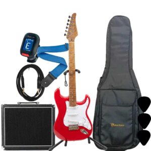 WAKERTONE VK62-RD 60 binski komplet paket koji sadrži crvenu električnu gitaru Stratocaster oblika, masivno kombo pojačalo Vaker VG60 od 60W sa efektima, crnu futrolu WEB-BK-08, Rowin štimer, Wakertone kaiš sa kožnim krajevima, gitarski kabl od 3m i tri trzalice