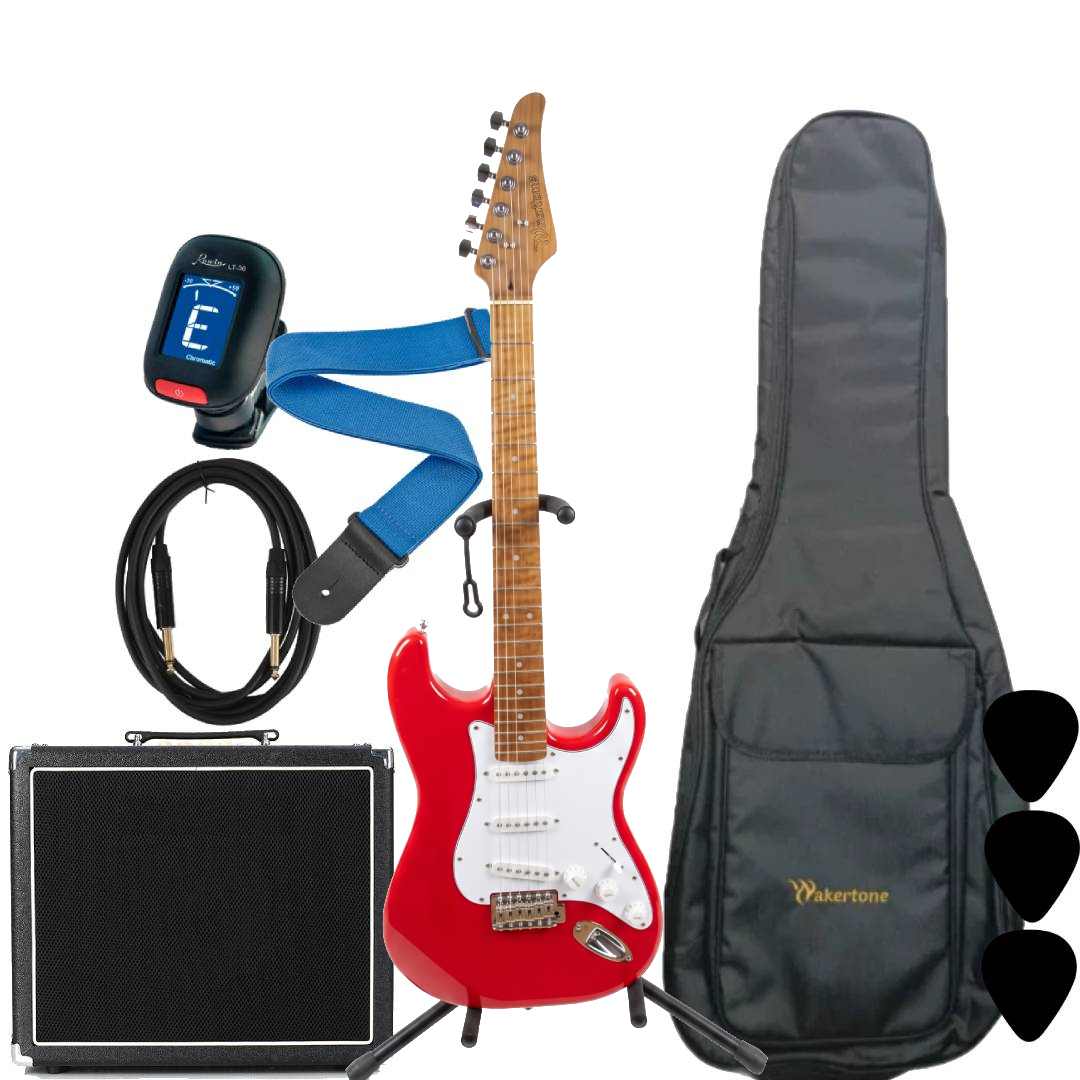WAKERTONE VK62-RD 60 binski komplet paket koji sadrži crvenu električnu gitaru Stratocaster oblika, masivno kombo pojačalo Vaker VG60 od 60W sa efektima, crnu futrolu WEB-BK-08, Rowin štimer, Wakertone kaiš sa kožnim krajevima, gitarski kabl od 3m i tri trzalice