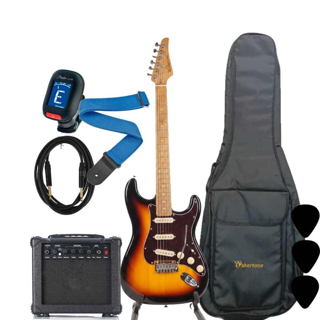WAKERTONE VK62-SB 15 komplet paket koji sadrži sunburst trobojnu električnu gitaru Stratocaster oblika, kombo pojačalo Vaker VG15 od 15W, crnu futrolu WEB-BK-08, Rowin štimer, Wakertone kaiš sa kožnim krajevima, gitarski kabl od 3m i tri trzalice