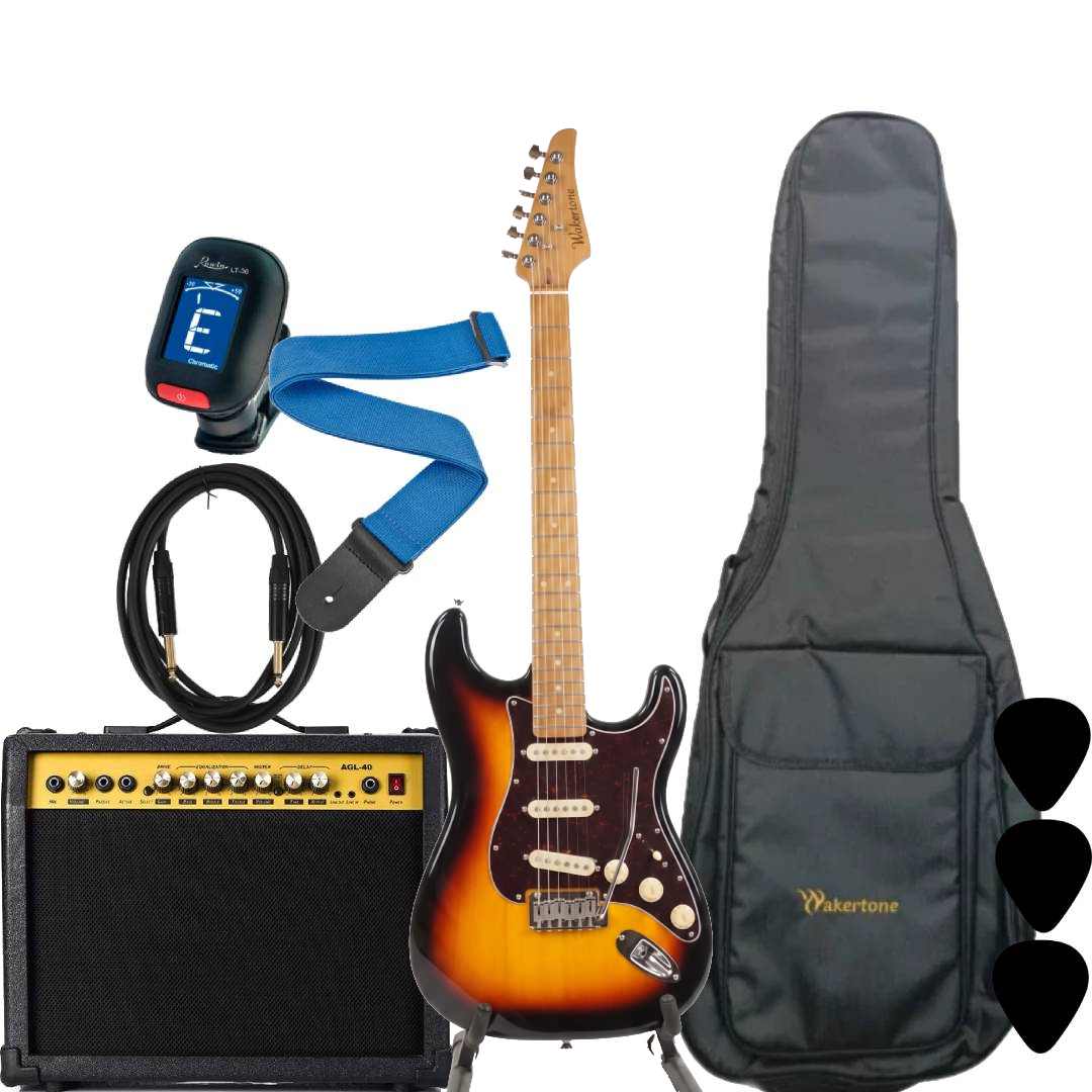 WAKERTONE VK62-SB 15 komplet paket koji sadrži sunburst trobojnu električnu gitaru Stratocaster oblika, kombo pojačalo Vaker VG15 od 15W, crnu futrolu WEB-BK-08, Rowin štimer, Wakertone kaiš sa kožnim krajevima, gitarski kabl od 3m i tri trzalice