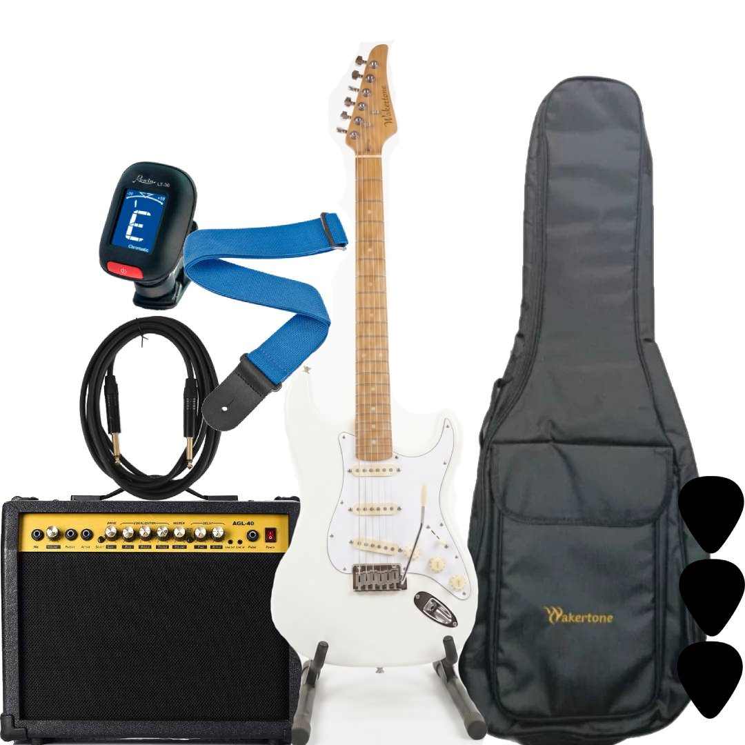 : WAKERTONE VK62-WH 40 binski komplet paket koji sadrži belu električnu gitaru Stratocaster oblika, moćno kombo pojačalo Vaker VG40 od 40W sa efektima, crnu futrolu WEB-BK-08, Rowin štimer, Wakertone kaiš sa kožnim krajevima, gitarski kabl od 3m i tri trzalice