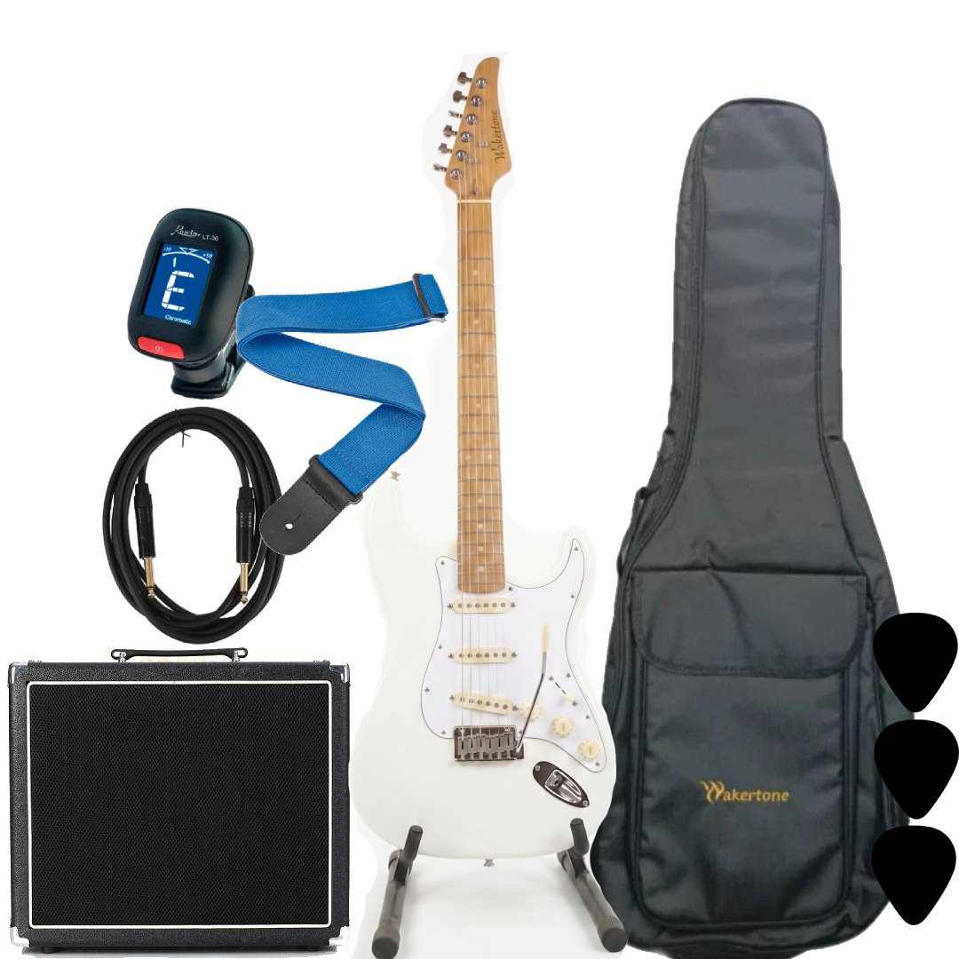 WAKERTONE VK62-WH 60 binski komplet paket koji sadrži belu električnu gitaru Stratocaster oblika, masivno kombo pojačalo Vaker VG60 od 60W sa efektima, crnu futrolu WEB-BK-08, Rowin štimer, Wakertone kaiš sa kožnim krajevima, gitarski kabl od 3m i tri trzalice