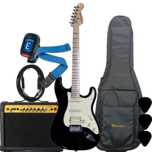 Wakertone VK77-BK električni gitarski paket sa crnom gitarom, Vaker AG40 pojačalom od 40W, Rowin štimerom, vodootpornom torbom, kaišem i kablom