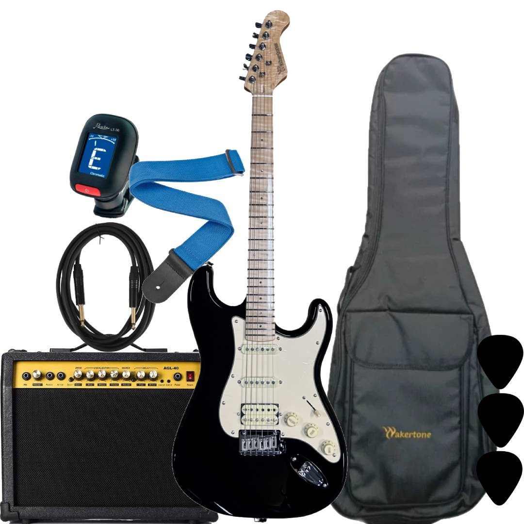 Wakertone VK77-BK električni gitarski paket sa crnom gitarom, Vaker AG40 pojačalom od 40W, Rowin štimerom, vodootpornom torbom, kaišem i kablom