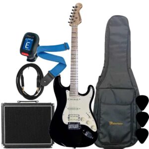 Wakertone VK77-BK električni gitarski paket sa crnom gitarom, Vaker VG60 pojačalom od 60W, Rowin štimerom, vodootpornom torbom, kaišem i kablom