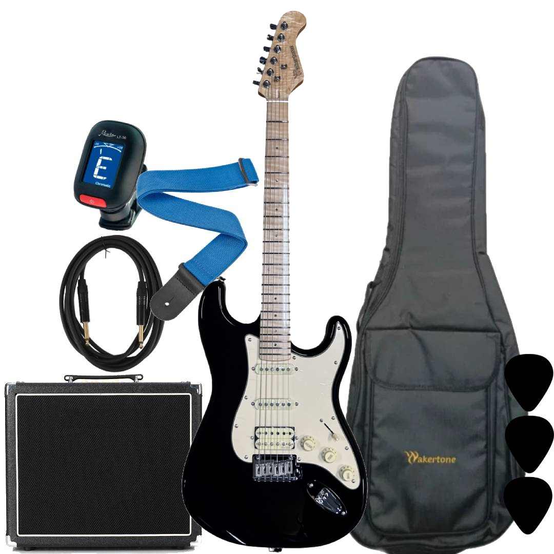 Wakertone VK77-BK električni gitarski paket sa crnom gitarom, Vaker VG60 pojačalom od 60W, Rowin štimerom, vodootpornom torbom, kaišem i kablom