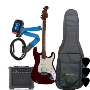 Wakertone VK77-DCT električni gitarski paket sa tamno-crvenom prozirnom gitarom, Vaker VG15 pojačalom od 15W, Rowin štimerom, vodootpornom torbom, kaišem i kablom