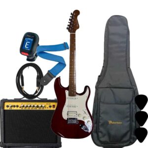 Wakertone VK77-DCT električni gitarski paket sa tamno-crvenom prozirnom gitarom, Vaker AG40 pojačalom od 40W, Rowin štimerom, vodootpornom torbom, kaišem i kablom