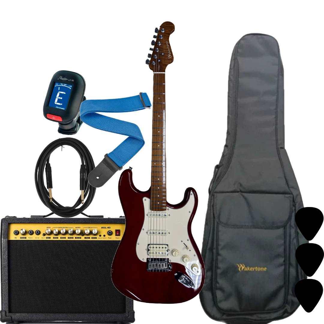 Wakertone VK77-DCT električni gitarski paket sa tamno-crvenom prozirnom gitarom, Vaker AG40 pojačalom od 40W, Rowin štimerom, vodootpornom torbom, kaišem i kablom