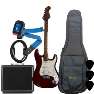 Wakertone VK77-DCT električni gitarski paket sa tamno-crvenom prozirnom gitarom, Vaker VG60 pojačalom od 60W, Rowin štimerom, vodootpornom torbom, kaišem i kablom