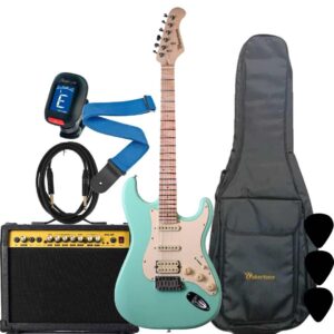 WAKERTONE VK62-LG 40 binski komplet paket koji sadrži svetlo zelenu mint električnu gitaru Stratocaster oblika, moćno kombo pojačalo Vaker VG40 od 40W sa efektima, crnu futrolu WEB-BK-08, Rowin štimer, Wakertone kaiš sa kožnim krajevima, gitarski kabl od 3m i tri trzalice