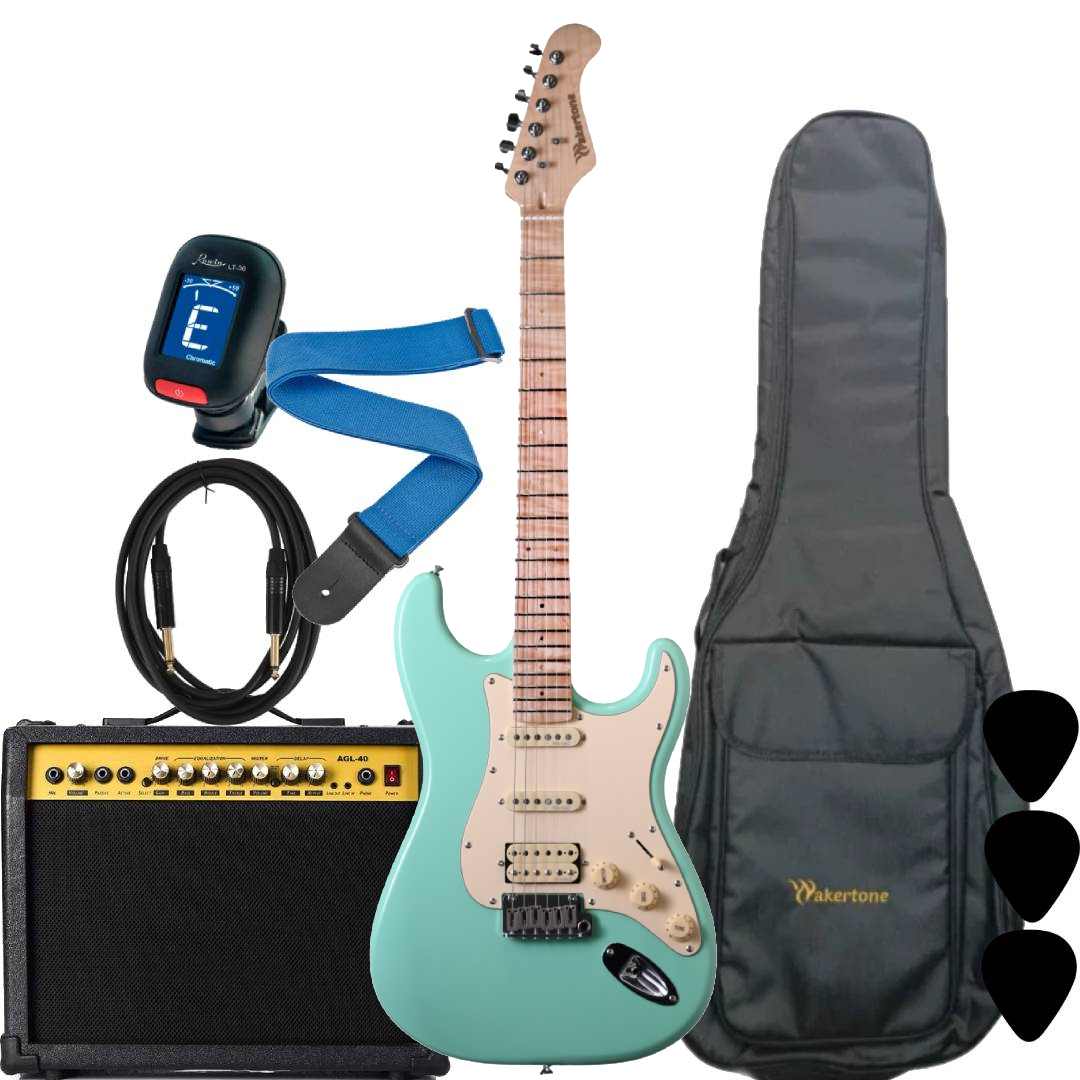 WAKERTONE VK62-LG 40 binski komplet paket koji sadrži svetlo zelenu mint električnu gitaru Stratocaster oblika, moćno kombo pojačalo Vaker VG40 od 40W sa efektima, crnu futrolu WEB-BK-08, Rowin štimer, Wakertone kaiš sa kožnim krajevima, gitarski kabl od 3m i tri trzalice