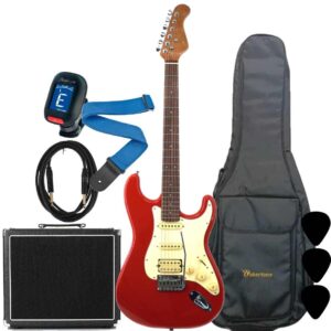 Wakertone VK77-RD električni gitarski paket sa crvenom gitarom, Vaker VG60 pojačalom od 60W, Rowin štimerom, vodootpornom torbom, kaišem i kablom