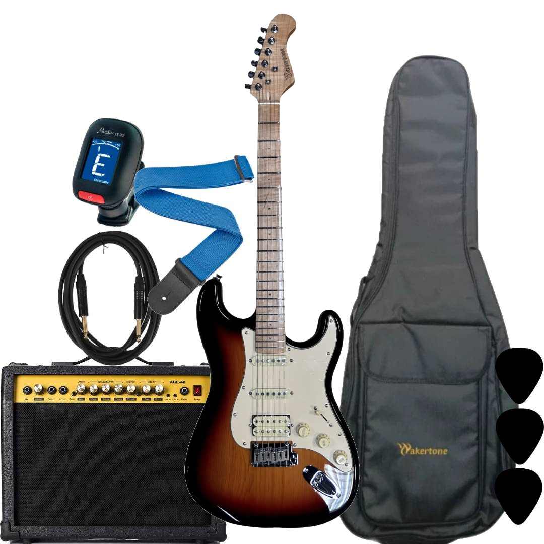Wakertone VK77-SB električni gitarski paket sa sunburst gitarom, Vaker AG40 pojačalom od 40W, Rowin štimerom, vodootpornom torbom, kaišem i kablom