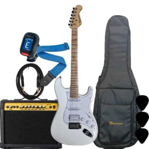 Wakertone VK77-WH električni gitarski paket sa belom gitarom, Vaker AG40 pojačalom od 40W, Rowin štimerom, vodootpornom torbom, kaišem i kablom