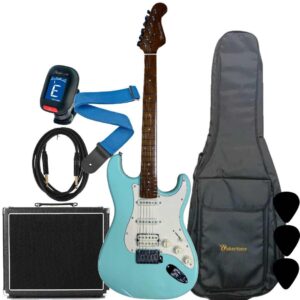 Wakertone VK77R-LG električni gitarski paket sa svetlozelenom gitarom (Rosewood fretboard), Vaker VG60 pojačalom od 60W, Rowin štimerom, vodootpornom torbom, kaišem i kablom