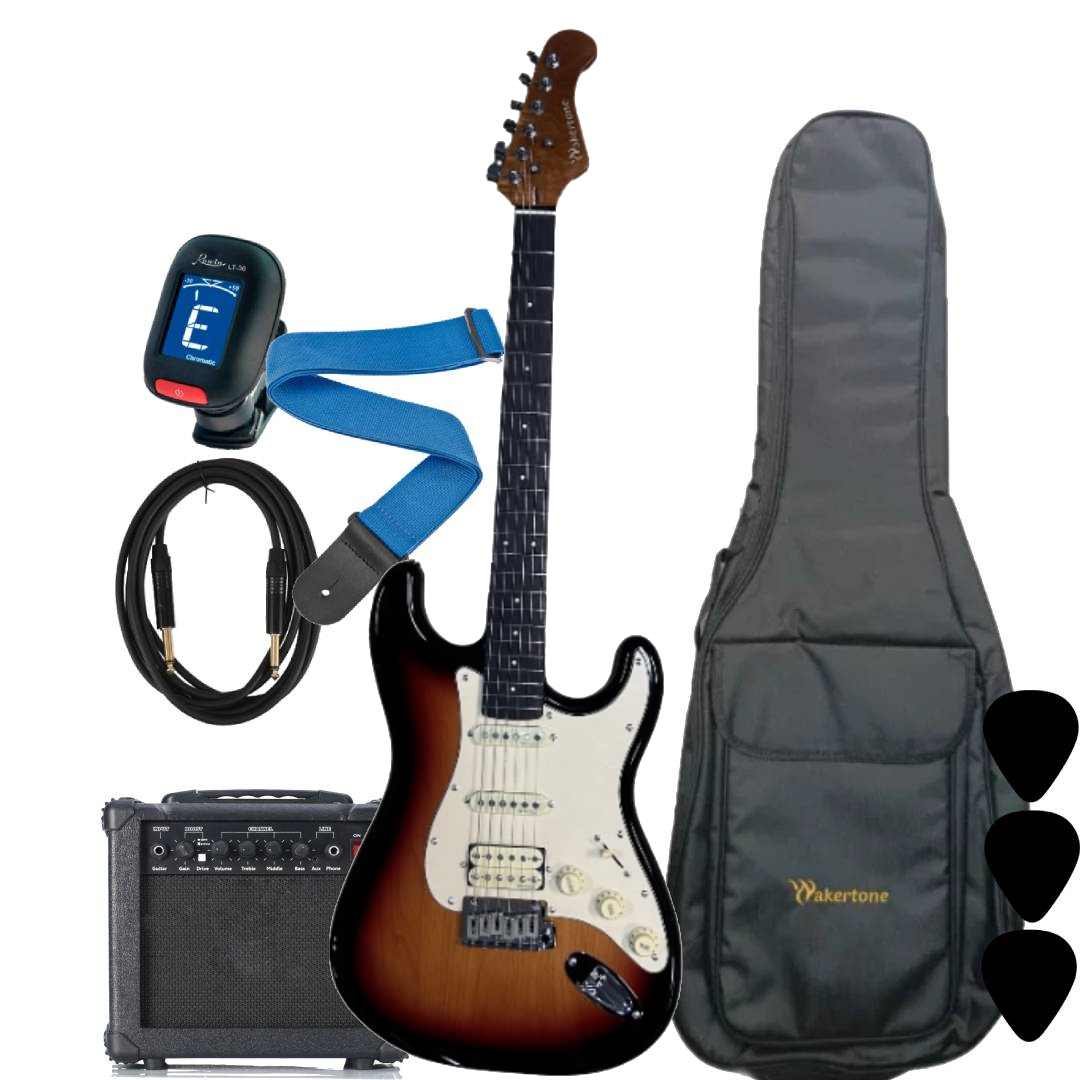 Wakertone VK77R-RW električni gitarski paket sa crvenom gitarom (Rosewood fretboard), Vaker VG15 pojačalom, Rowin štimerom, vodootpornom torbom, kaišem i kablom