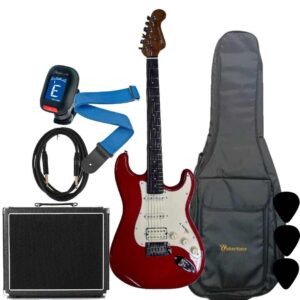 Wakertone VK77R-RD električni gitarski paket sa crvenom gitarom (Rosewood fretboard), Vaker VG60 pojačalom od 60W, Rowin štimerom, vodootpornom torbom, kaišem i kablom