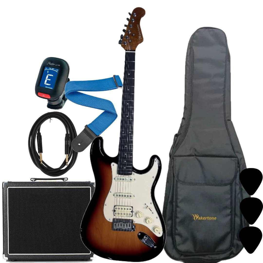 Wakertone VK77R-SB električni gitarski paket sa sunburst gitarom (Rosewood fretboard), Vaker VG60 pojačalom od 60W, Rowin štimerom, vodootpornom torbom, kaišem i kablom
